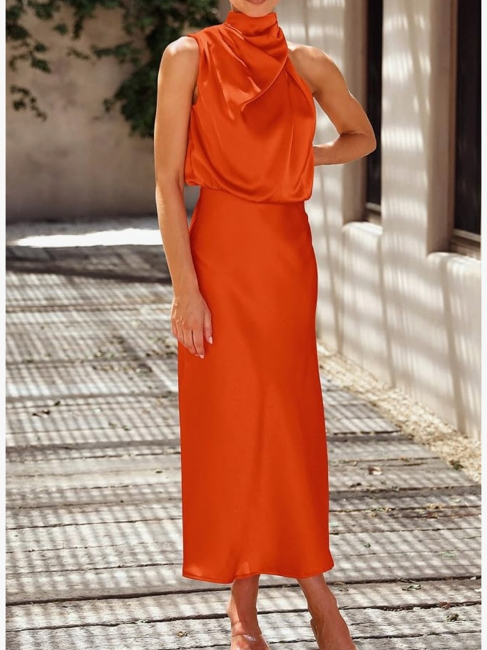 Orange Satin Mock Neck Dress - Picture 3 of 6